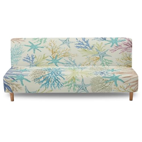 Starfish Armless Futon Cover Elastic Futon Couch Cover Replacement Removable Couch Slipcover Non-Slip Furniture Protector for Coastal Theme Living Room Hotel
