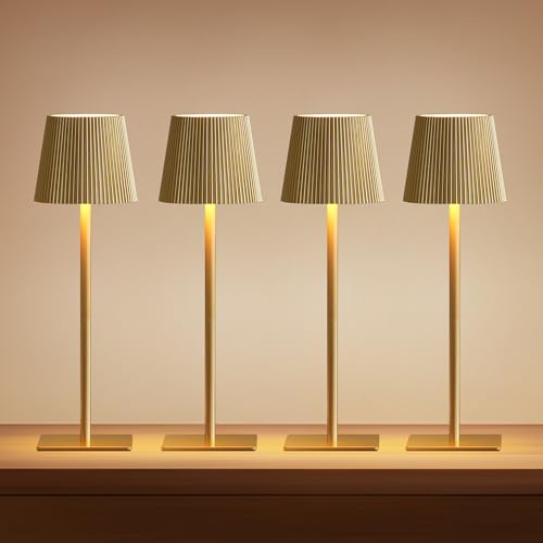LUTEC 4 Pack Cordless Table Lamp,6000mAh Rechargeable Battery Operated Desk Lamp,Two Adjustable Heights,Waterproof, Touch Control & 3 Color Stepless Dimming for Restaurant/Bedroom/Bars/Outdoor (Gold)
