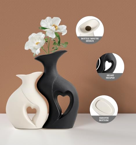 Black and White Vase Heart Shape Ceramic Vase Set of 2,Modern Boho Hollow Flower Vases,Nordic Aesthetic Decor,Decorative Vases for Room,Home Book Shelf,Fireplace,Table Decor
