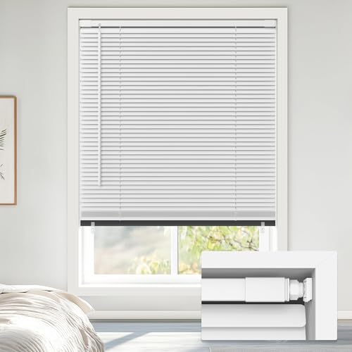 LazBlinds No Tools No Drill Cordless 1" Vinyl Mini Blinds, 100% Blackout Blinds for Indoor Windows, Room Darkening Privacy Window Blinds and Shades for Interior, 22" W x 64" H, White