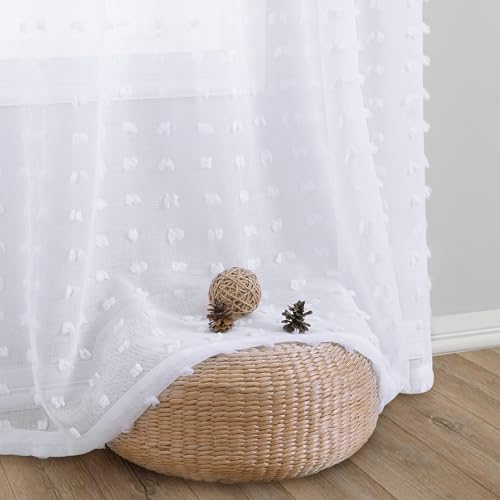 Guken White Sheer Curtains 84 Inch Length 2 Panels Sets for Living Room Bedroom 38 Inch Width Boho Drapes Light Filtering Pom Pom Curtains Semi Sheer Nursery Girls Rod Pocket,W38xL84