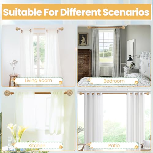 1 Inch Wood Curtain Rod For Windows 48 to 84 Inches, Heavy-Duty Adjustable Decorative Imitation Wood Grain Boho Curtain Rod With Rattan Leaf Hollow Finials For Bedroom 、 Living Room and Famhouse