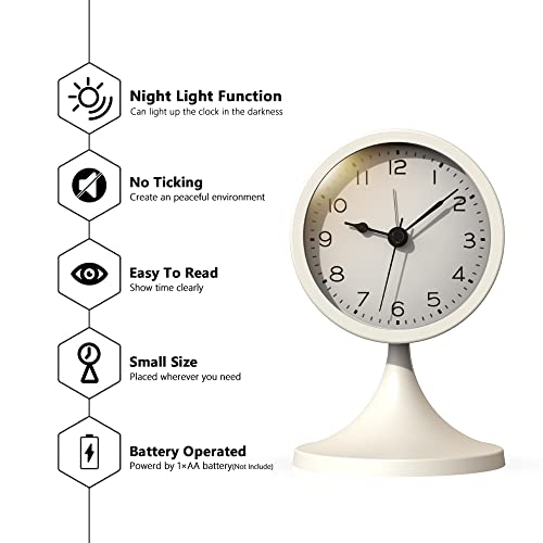 AYRELY® 3" Cute Analog Alarm Clock,Small Retro Table Clock Battery Operated,Slient Metal Desk Clock with Light for Living Room Decor,Bedroom,Bedside,Shelf (White)