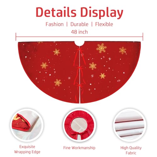 Christmas Tree Skirt Red and Gold Christmas Decorations - Xmas Tree Skirt Mat with Santa Claus Snowflake Pattern for Indoor Outdoor Merry Christmas Holiday Party Decor 48 Inches