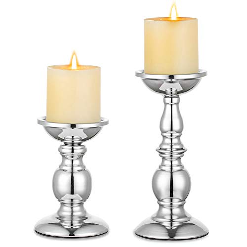Nuptio Pillar Candle Holders Metal Candle Holder Ideal for 3 inches Candles, Silver Candle Holder for Living Room, Gardens, Spa, Aromatherapy, Incense Cones, Wedding, Party, 2 Pcs