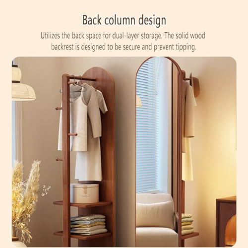Solid Wood 360° Rotating Full Length Mirror,2-in-1 Floor Mirrors with Coat Rack and Swivel Wheels,2 Tiers of Shelves,with Hooks & Rods,Space Saving for Bedroom(Wood,45cm/17.7in)
