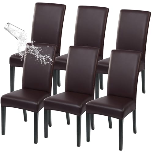 SearchI Waterproof PU Leather Dining Chair Covers Set of 6, Stretch Oilproof Parsons Chair Slipcovers Removable Washable Kitchen Chair Protector for Dining Room (Deep Brown)