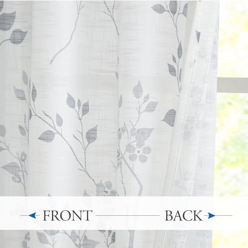 Beauoop Floral Linen Semi Sheer Curtains 84 Inches Long 2 Panels for Living Room Bedroom Grey Farmhouse Flower Patterned Light Filtering Textured Grommet Top Window Treatments Drapes, 50x84 2 Set