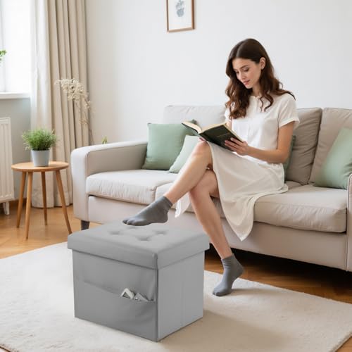 Bsketa Storage Ottoman Bench,16 Inch Folding Leather Foot Rest Stool, Grey
