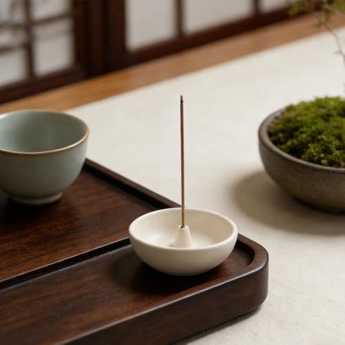 Cream White Ceramic Incense Holder Bowl - 3 Inch Round Incense Burner for Meditation, Home Decor, Ash Catcher with Center Hole for Thin Sticks (Cream White)