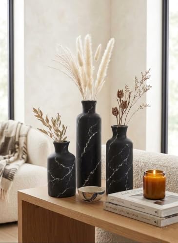 Creative Scents Black Marble Look 3pc Vase Set – Boho Vases for Decor, Modern Vases for Holding Pampas Grass, Dried/Fresh Flowers, Vases for Living Room - Kitchen, Bedroom, Office, Shelf Decor