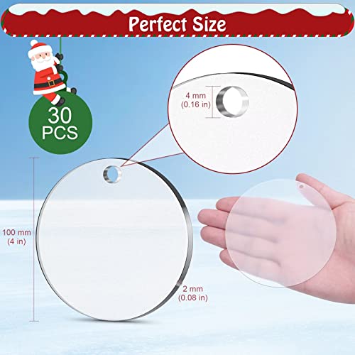 Cludoo 4 Inch Acrylic Ornaments Blanks, 30pcs Clear Round Acrylic Ornament Blanks, Acrylic Circle Disc Ornament Blanks with Hole for Vinyl, Christmas Decor, Engraving, Painting, and DIY Crafting