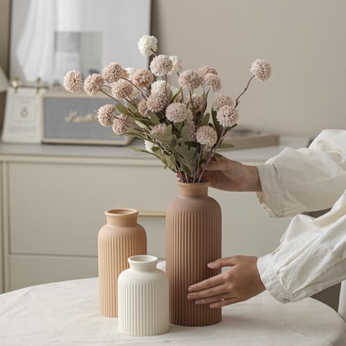 Large Modern Ceramic Vase Set, Coffee Ribbed Matte Design, 3-Piece Decorative Vases for Home, Living Room, Office (XL Coffee Mix)