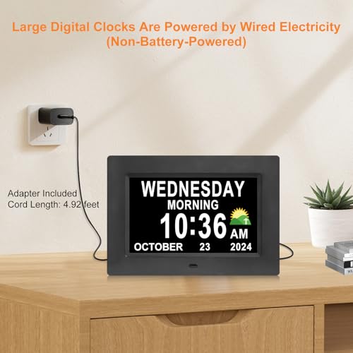 SSINI Digital Calendar Dementia Alarm Clock with Day and Date for Elderly - 15 Alarms 5 Colors Display Large Display Alzheimers Clock Large Digital Clock for Seniors (7in Black)