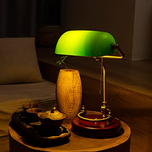 Bankers Lamp, Traditional Green Desk Lamp with Solid Birch Wood Base, Green Glass Antique Library Lamp with Pull Chain Switch, Plug in Vintage Bankers Desk Lamp for Office, Study Room 【E26 Socket】