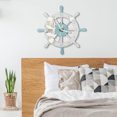 Liliaafar Coastal Beach Wall Clock 10 Inch Wooden Nautical Beach Boat Ship Steering Wheel Wall Clock Battery Operated Shell Fish Nautical Decorations for Home Kitchen Living Room Office Bedroom