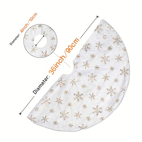 LOMOHOO Christmas Tree Skirt Large White&Gold Luxury Faux Fur with Snowflakes Tree Skirt Christmas Decorations Plush Tree Skirts Xmas Ornaments (36 inches/90cm)
