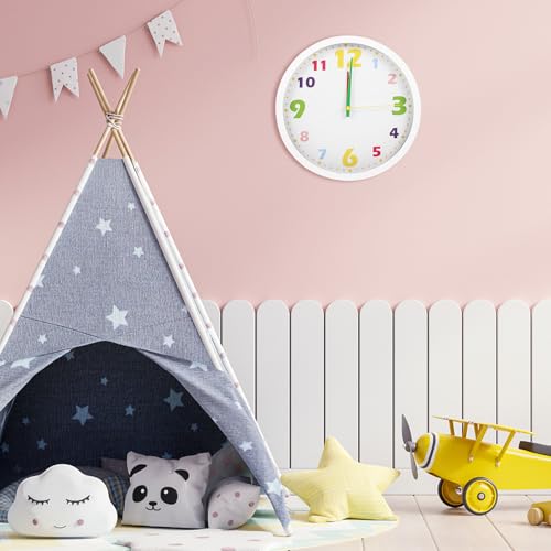 PRETYZOOM Educational ’ Wall Clock 10-inch Silent Analog Learning Clock with Cartoon Decor White Frame for Classroom Bedroom Preschool Teaching