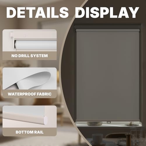 HESTIA No Drill Cordless Blackout Roller Shades Screwless Waterproof Shower Window Blinds, Auto-Retraction Easy Install Blind for Bathroom/Kitchen/Office/Exterior, White, 22" W x 54" H