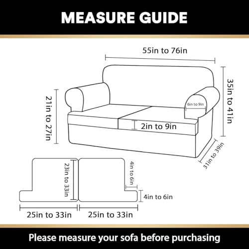 PrinceDeco T Cushion Loveseat Slipcover - 3 Pieces Sofa Cover for 2 Cushion Couch with 2 Individual T Shape Seat Covers Width Up to 76 Inch - Stretch, Machine Washable, Porcelain