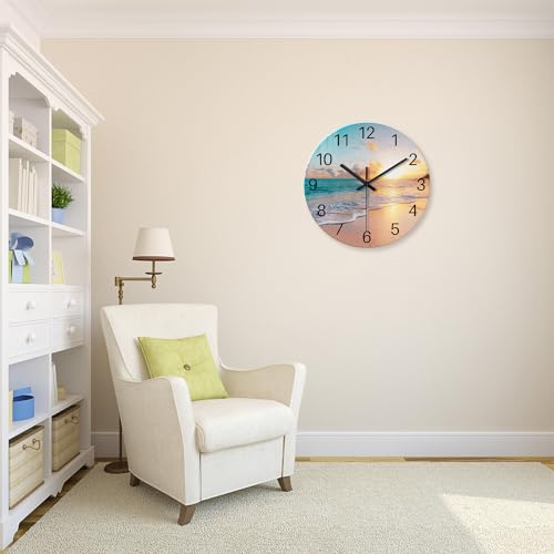 Beach Wall Clock Battery Operated 12 Inch Glass Wall Clock Non Ticking Analog Blue Wall Clocks for Bedroom Living Room Office Decor