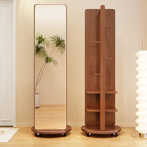 Floor-Standing Solid Wood Rotating Coat Rack，Full Length Mirror with Movable Wood Coat Rack - 2-in-1 Floor Mirror and Coat Rack for Living Room, Bedroom, Cloakroom Mirror