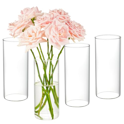 4pcs Glass Cylinder Vases for Centerpieces - 8 Inch Tall Glass Vases for Flowers, Hurricane Candle Holders Floating Candle Vase for Table Centerpiece Formal Dinners Home Decor