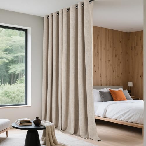 PONY DANCE Linen Blackout Curtains for Bedroom 84 Inches Long, Thermal Insulated Grommet 100% Black Out Window Drapes for Living Room, Sliding Door Curtains 2 Panels Set, 52" W x 84" L, Natural Linen