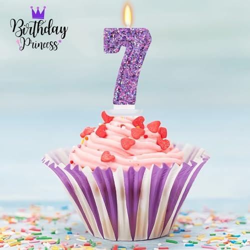 Deep Purple Glitter Birthday Candles for Girls - Number 7 Candle Cake Topper for Kpop Themed Birthday Party Decorations