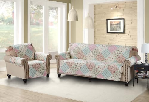 Brilliant Sunshine Pink and Green Roses Couch Recliner Cover, Patchwork Design, Sofa Cover for Dogs, Slip Resistant Furniture Protector with Strap, Washable Slipcover for Kids and Pets (28" seat)