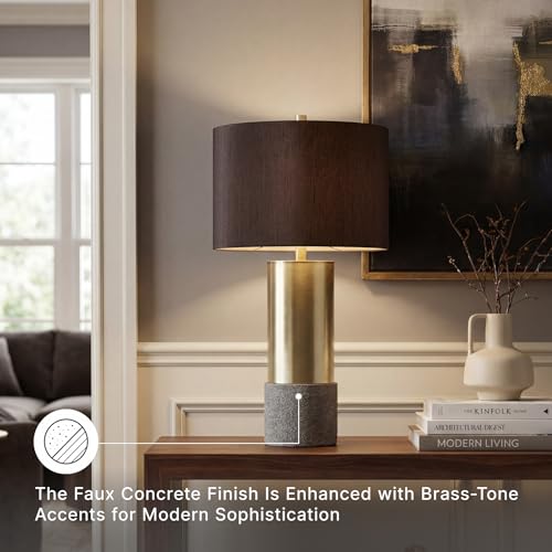 Signature Design by Ashley Jacek Contemporary Table Lamp, 2 Count, 3 Way Switch, Metal, Poly Resin and Drum Shade, 15" W x 15" D x 27.25" H, Gray & Brass Finish