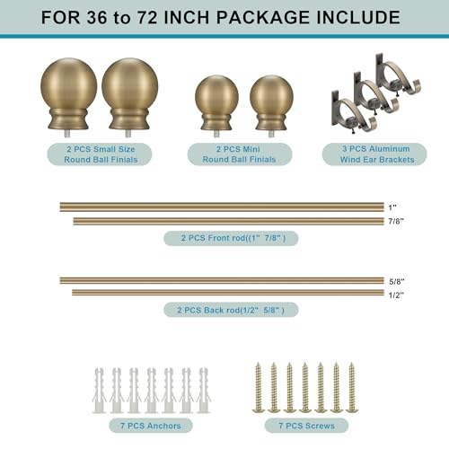 Antique Bronze Double Curtain Rods 36-72 Inch,1’’Front and 5/8’’Back Double Drapery Rod with Small Round Ball and Aluminum Brackets, Adjustable Dual Window Rod for Sheer/Blackout Curtains