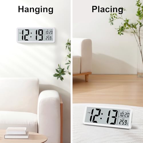 Lafocuse LCD White Digital Wall Clock Battery Operated, 8.5 Inch Large Display Digital Clocks with Date and Temperature, Modern Simple Desk Clock for Bedroom Living Room Office