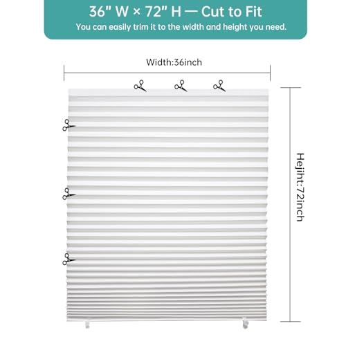 Changshade 6 Pack Temporary Shades, Pleated Paper Blinds for Indoor Windows Cut to Size Adhesive Paper Shades No Tools No Drilling for Office, Bedroom, Living Room,36" W x 72" H,White