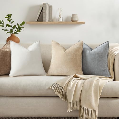 decorUhome Chenille Beige Velvet Throw Pillow Covers 26x26 Set of 2