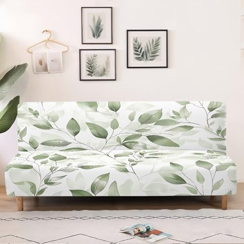 Green Leaves Futon Cover Stretch Armless Futon Couch Cushion Cover Washable Non-Slip Sofa Bed Slipcover with Elastic Bottom for Home Indoor Living Room Furniture Protector
