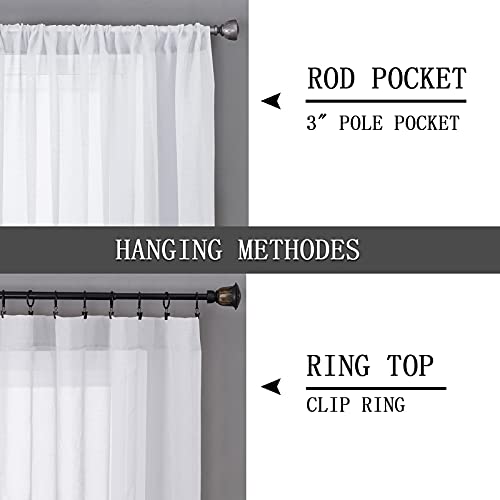 Tollpiz Sheer Curtains Living Room Linen Textured Curtain Sheers Light Filtering Voile Rod Pocket Curtains for Bedroom, 38 x 63 inches Long, White, Set of 2 Panels