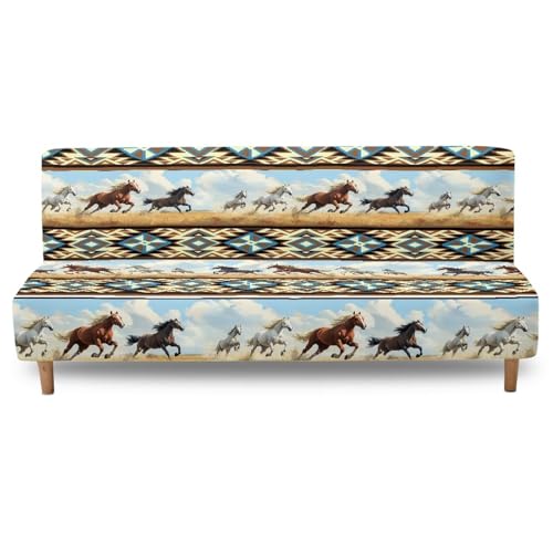 Aztec Western Armless Futon Cover Horse Stretch Armless Sofa Slipcover Navajo Southwestern Ethnic Washable Elastic Couch Furniture Protector for Bedroom Living Room