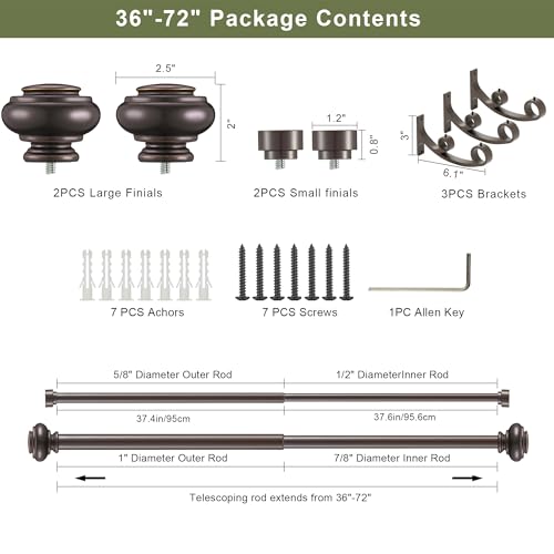 Double Curtain Rods 36 to 72 Inches with Solid Aluminum Alloy Brackets, 1 Inch Adjustable Drapery Rod, Heavy Duty Dual Curtains Rod for Window, Sliding Door, Bedroom Decoration, Matte Brown