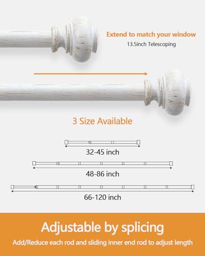 White Curtain Rods for Windows 48 to 84 Inch, Wood Curtain Rod Adjustable Boho Decorative Drapery Rods 1 Inch Heavy Duty Windows Rod for Farmhouse Kitchen Bedroom Living Room