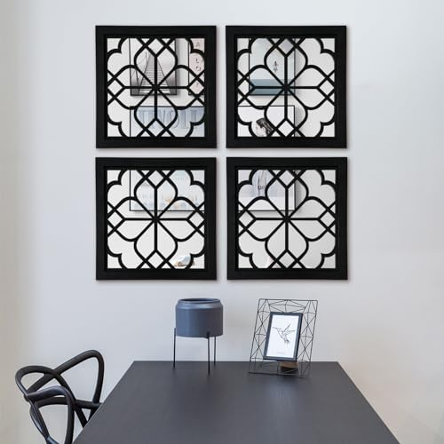 ZEXUIRU 4 Set Rustic Wall Mirrors for Bedroom Bathroom Living Room Entryway Wood Farmhouse Square Easy to Hang Framed Decorative Accent Hanging Wall-Mounted Mirror Set for Living Room - Black