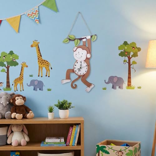Kenning Monkey Wall Clock Safari Nursery Decorative Silent Non-Ticking Clock Wooden 16 x 11.5 Inch for Living Room Bedroom Kitchen Home Wall Decor, Battery Not Included