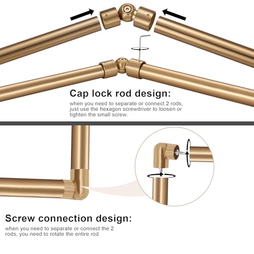 Warm Gold Bay Window Curtain Rods with Aluminum End Cap Finials and Brackets,Adjustable 36-72 Inch Center Rod for windows (24-68’’), 20-36 Inch Side Rods for windows (16-32’’),1 Inch Diameter