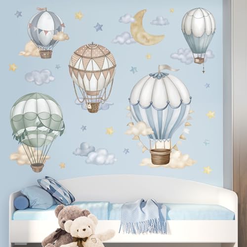wondever Watercolor Hot Air Balloon Wall Stickers Star Moon Cloud Balloons Peel and Stick Wall Art Decals for Baby Nursery Kids Bedroom