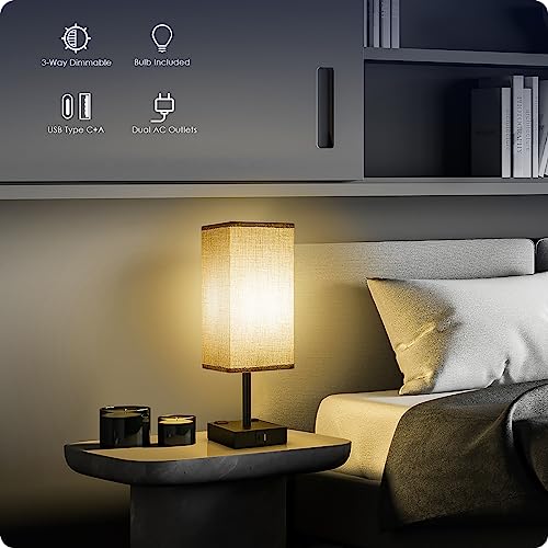 Bedside Table Lamp for Bedroom - Touch Small Lamp with USB C+A Charging Ports & AC Outlets, 3 Way Dimmable Nightstand Light for Living Room (LED Bulb Included, Grey)