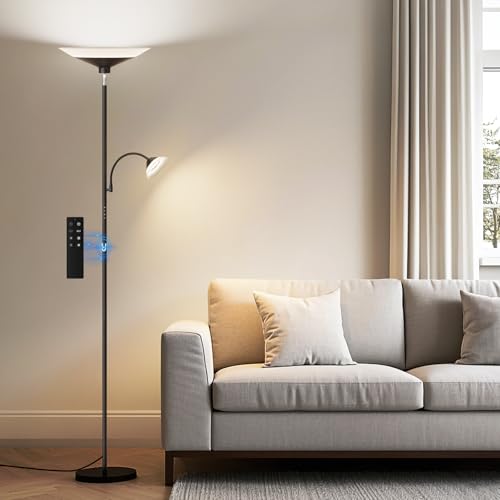 Upgraded 2-in-1 Torchiere Floor Lamp, Dimmable Standing Lamp with Remote&Button Control, 34W Brightness Adjustable Floor Reading Light, Black Modern Corner Lamp for Living Room Bedroom Office