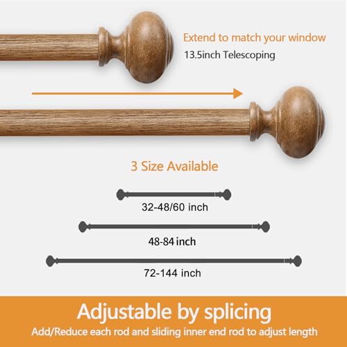 Wood Curtain Rods for Windows 48 to 84 Inch(4-7ft),1 Inch Heavy Duty Curtain Rods with Imitation Wood Grain Finials, Boho Adjustable Drapery Rod of Window Treatment