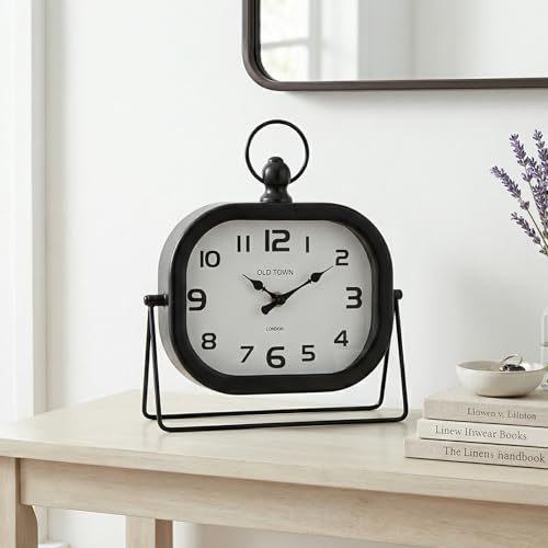 EMAX HOME Vintage Black Table Clock, Silent Non Ticking Desk Clock Battery Operated, Rustic Farmhouse Mantel Shelf Clock for Living Room Decor, Bedroom Nightstand & Office, 9.8 Inch