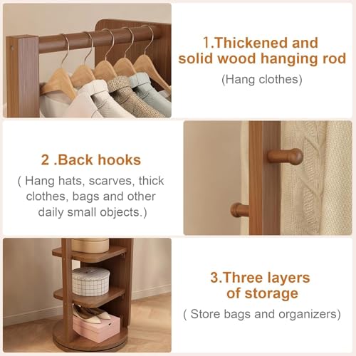 Floor-Standing Solid Wood Rotating Coat Rack，360° Rotating Full Length Mirror with Coat Rack - Solid Wood Freestanding Dressing Mirror, Large Clothes Hanger with Hooks for Living Room & Bedr