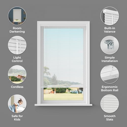 Cordless Room Darkening Mini Blinds for Indoor Windows - 29" W x 64" L - White, Over 1,400 Custom Sizes Starting at $9.97, 1" Vinyl Slats, Horizontal Window Blinds by Lumino